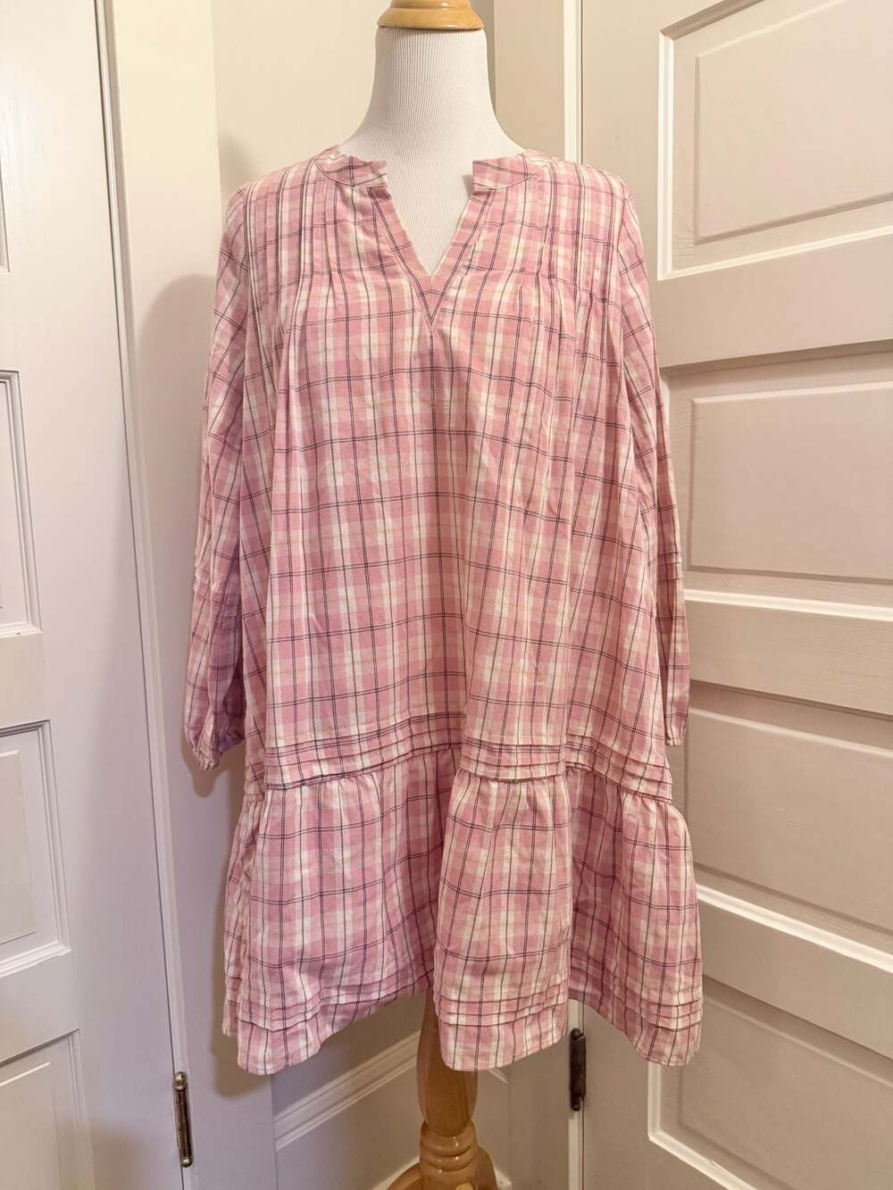 Roller Rabbit Women's Pink Plaid Tiered Long Sleeve Mini Dress